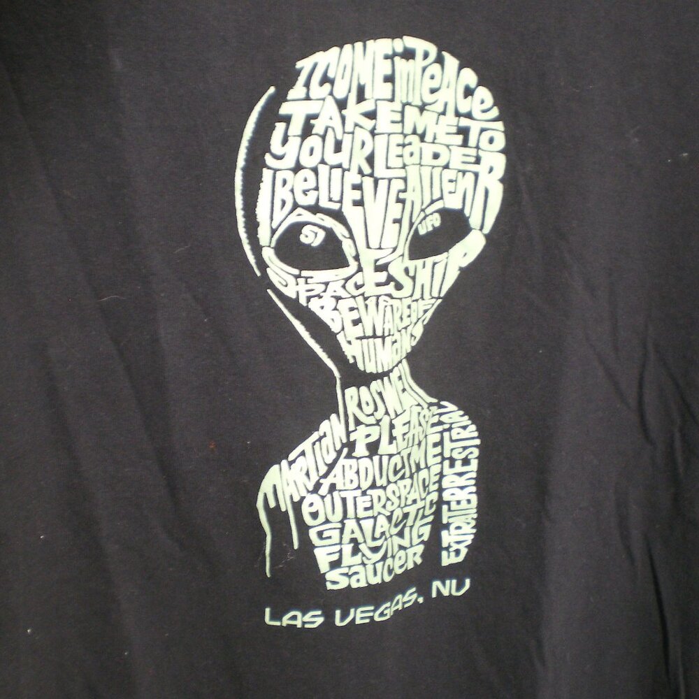 Alien Graphic Created Entirely by Words, Black Tee Shirt, Size Large